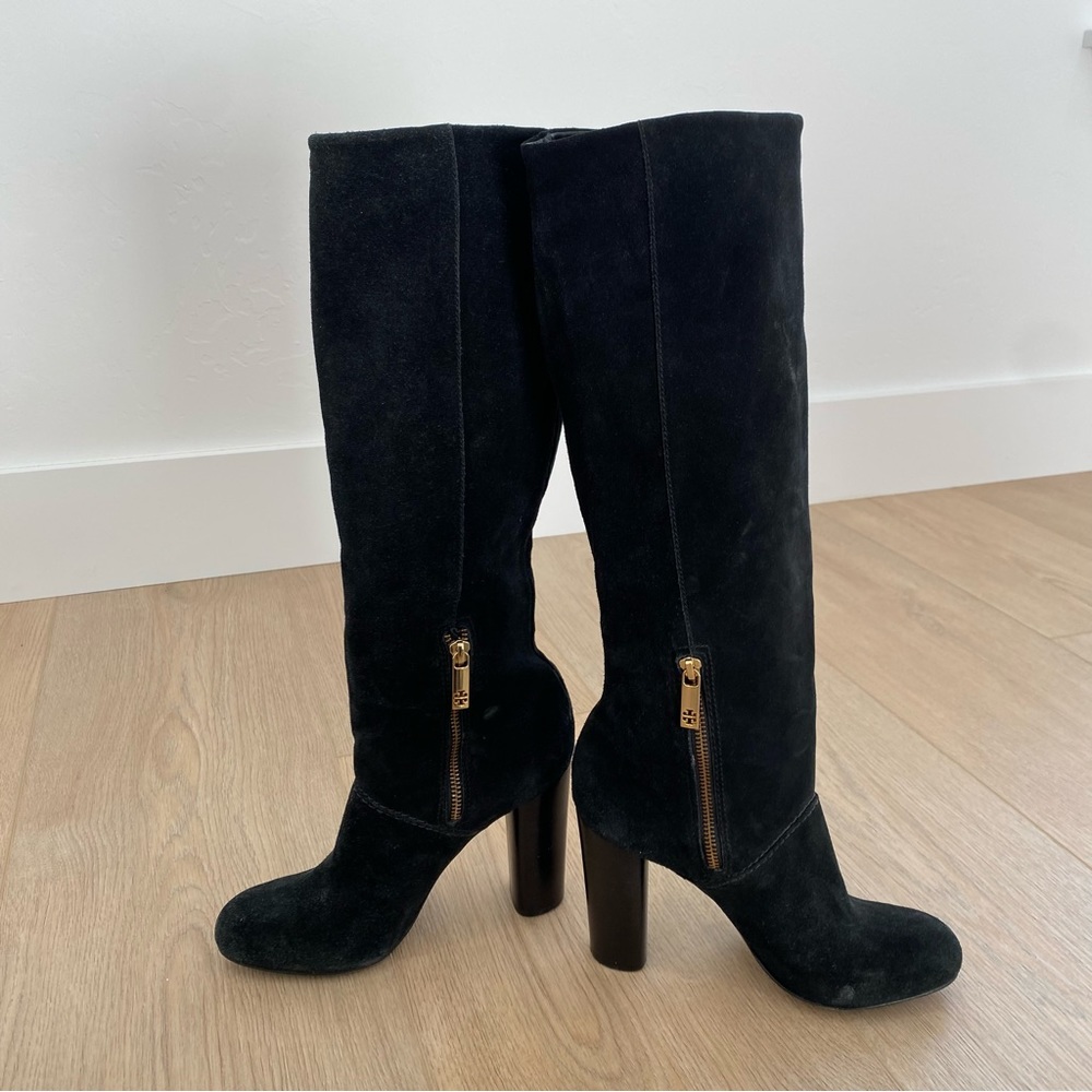 Tory Burch Black Suede Ruched Heeled Riding Boots - Picture 3 of 5